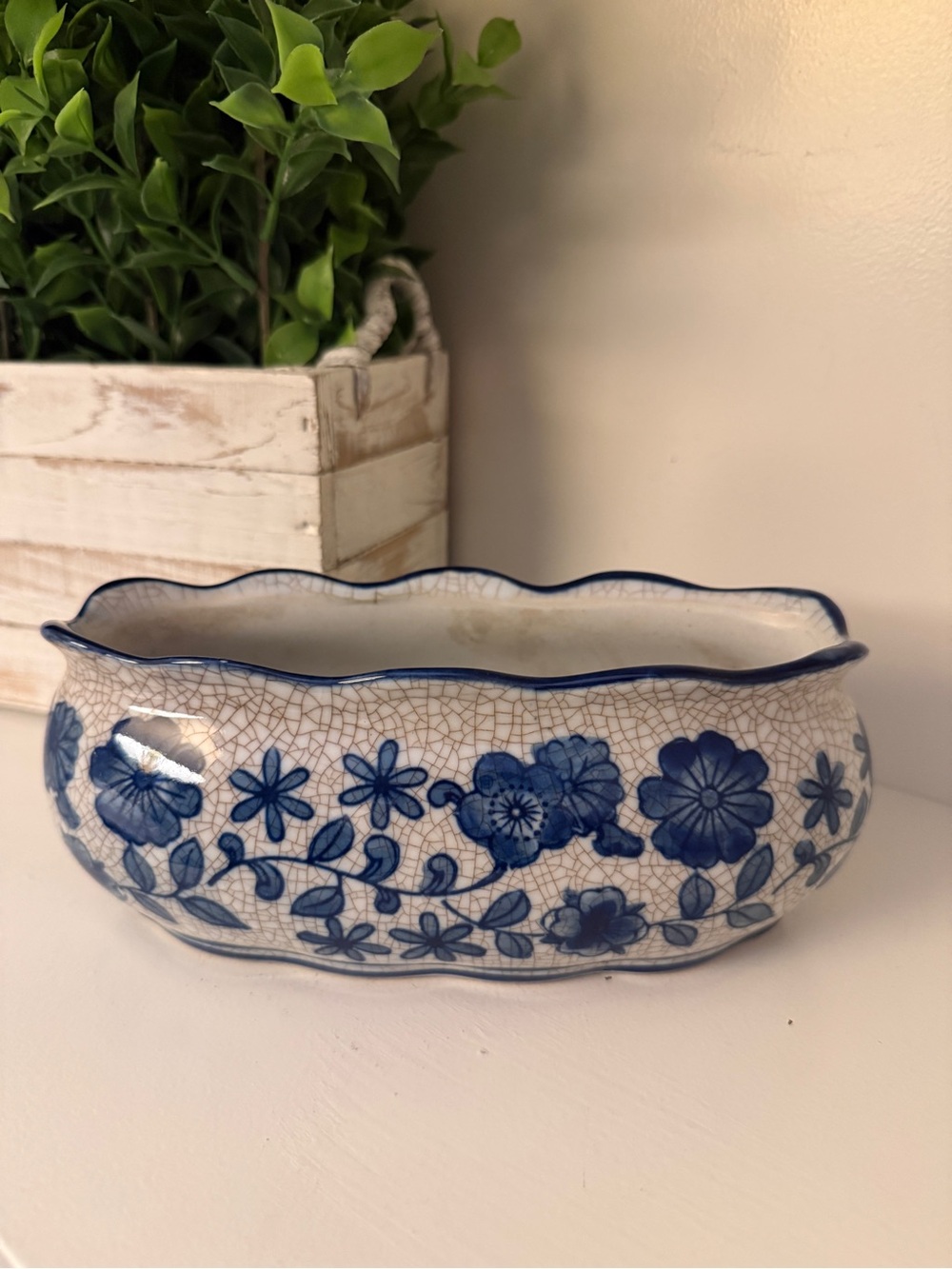 Blue White Crackle Glaze Floral Ceramic Planter Cachepot Scalloped Rim